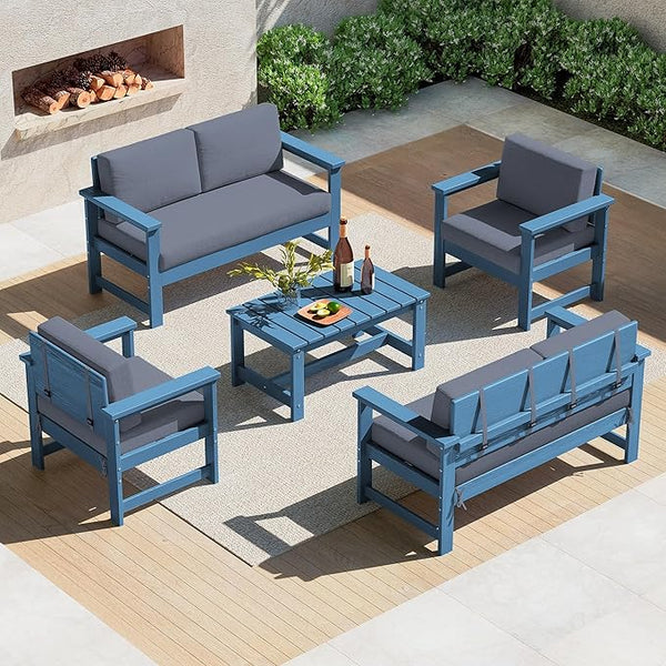 SERWALL 5 Pieces HDPE Outdoor Sofa Set with Cushions, All Weather Couch Conversation Set - Photo 1