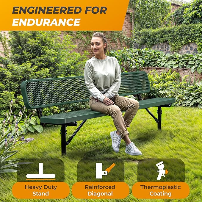 Heavy-Duty Outdoor Metal Bench, Thermoplastic-Coated, Inground, Weatherproof, Commercial-Grade for Parks, Gardens, Patios, Stores & More (8 Ft - Inground with Back, Green)