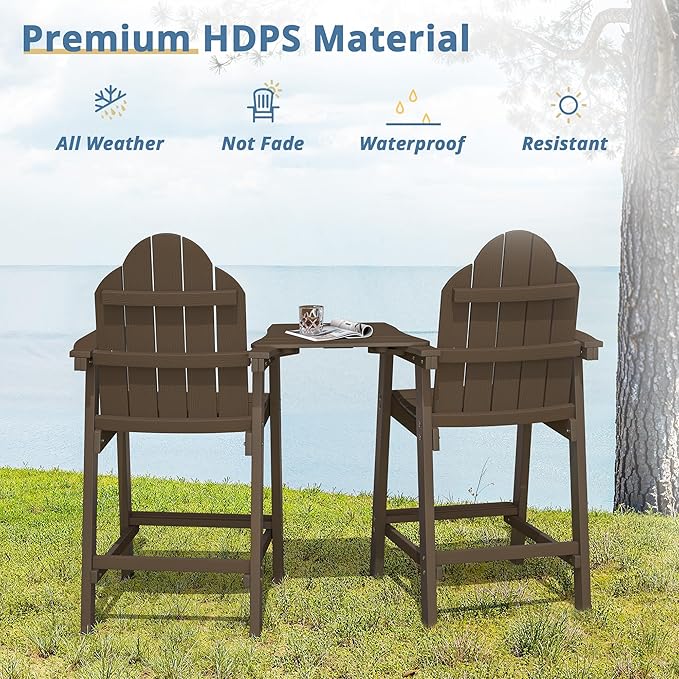LUE BONA Tall Adirondack Chair Set of 2, All Weather HDPS Bar Height Adirondack Chair with Detachable Table & Umbrella Hole, Adirondack Barstools for Patio, Deck, Backyard & Commercial Use Dark Brown
