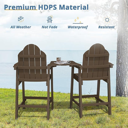 LUE BONA Tall Adirondack Chair Set of 2, All Weather HDPS Bar Height Adirondack Chair with Detachable Table & Umbrella Hole, Adirondack Barstools for Patio, Deck, Backyard & Commercial Use Dark Brown