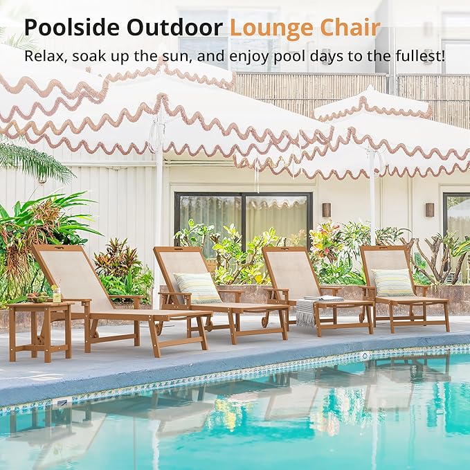 LUE BONA Chaise Lounge Chair Outdoor Set of 4, HDPS and HDPE Wicker Chaise Lounger with 5 Positions, Pool Lounge Chairs with Wheels and Adjustable Backrest for Patio, Poolside, Deck, Backyard