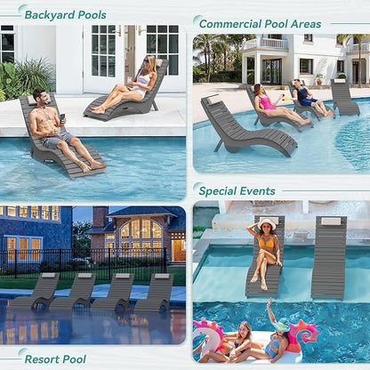 Pool Lounge Chairs - Anti-Floating HDPS Design for Pools & Backyard Sun Decks, Weighted Pool Chairs and Lounges for Poolside or Outside, Includes Headrest, Neutral Grey