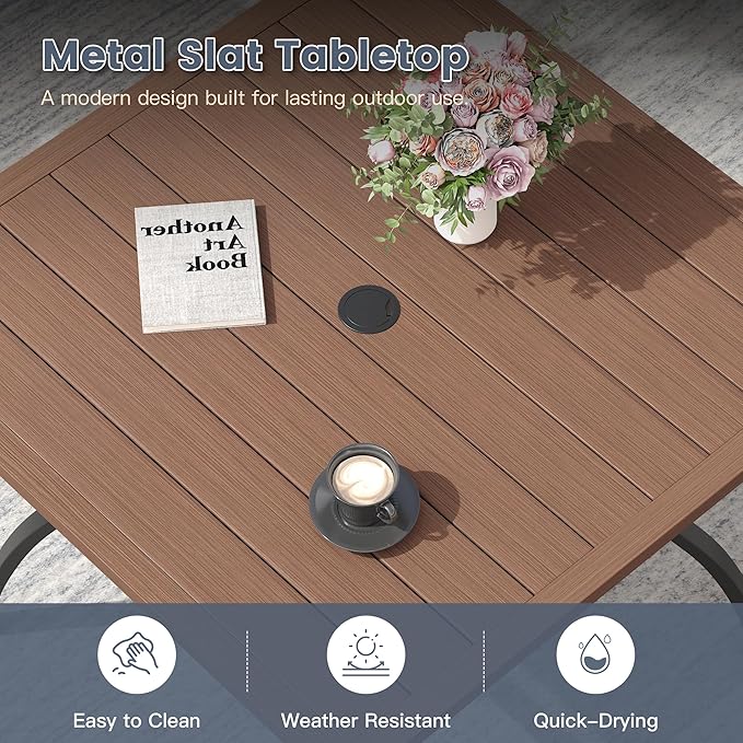 VICLLAX Outdoor Patio Dining Table for 4, Square Metal Table with Umbrella Hole and Storage Shelf for Garden, Lawn, Balcony, Deck, Walnut