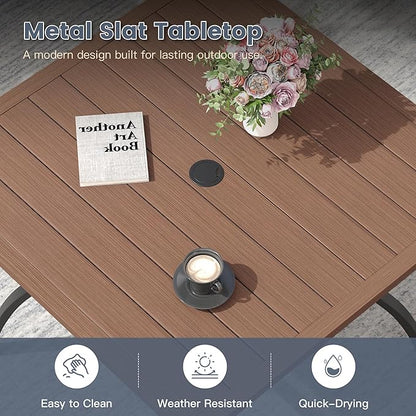 VICLLAX Outdoor Patio Dining Table for 4, Square Metal Table with Umbrella Hole and Storage Shelf for Garden, Lawn, Balcony, Deck, Walnut