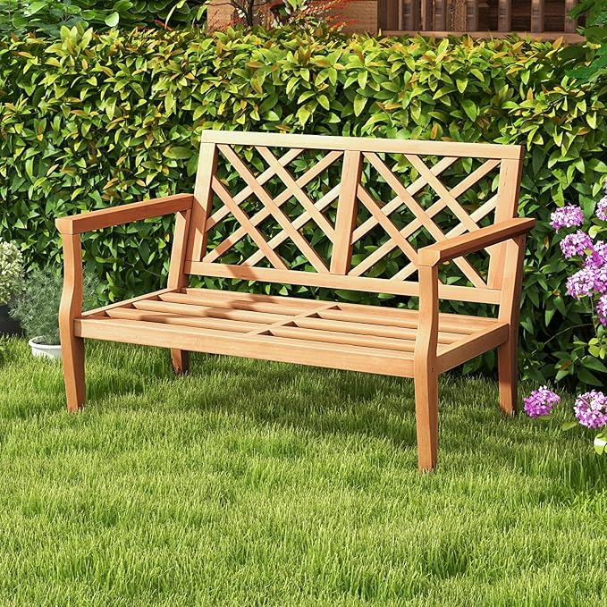 Tangkula Outdoor Garden Bench, 2-Person Teak Wood Bench with Comfy Armrests and Backrest, Slatted Seating Area, 800 LBS Weight Capacity, Patio Wood Loveseat Chair for Porch, Backyard, Park, Natural