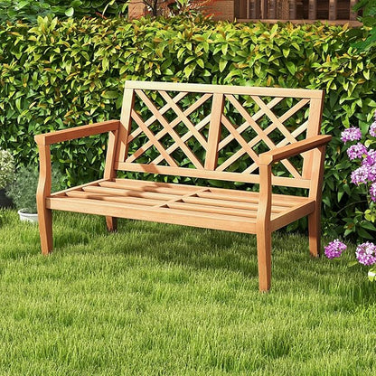 Tangkula Outdoor Garden Bench, 2-Person Teak Wood Bench with Comfy Armrests and Backrest, Slatted Seating Area, 800 LBS Weight Capacity, Patio Wood Loveseat Chair for Porch, Backyard, Park, Natural