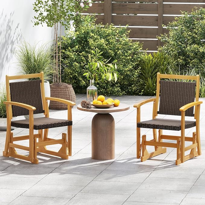 HAPPYGRILL Outdoor Glider Chair Acacia Wood Porch Glider with Rattan Seat and Backrest, Swing Rocking Armchair for Patio - Photo 5