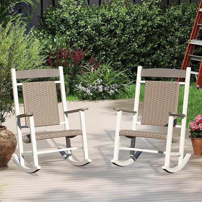 Outdoor Wicker Rocking Chairs Set of 2, Made of Metal & Rattan, Oversized Patio Rocker Chairs with High Back for Adults, All-Weather Outside Furniture for Garden Lawn - White & Brown