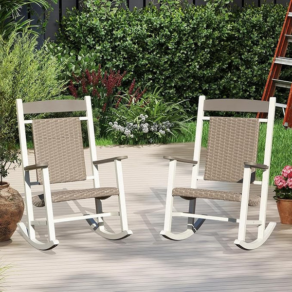 Outdoor Wicker Rocking Chairs Set of 2, Made of Metal & Rattan, Oversized Patio Rocker Chairs with High Back for Adults - Photo 1