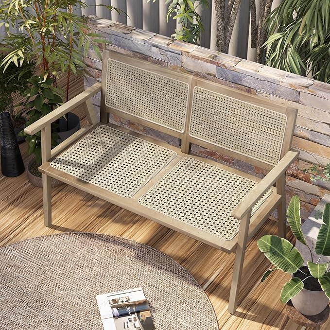 Tangkula Outdoor Teak Wood Garden Bench, 2-Person Patio Bench with Armrests, Rattan Backrest & Seat, Patio Garden Bench for Porch, Lawn, Balcony and Backyard, Natural