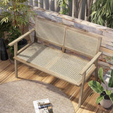 Tangkula Outdoor Teak Wood Garden Bench, 2-Person Patio Bench with Armrests, Rattan Backrest & Seat - Photo 4