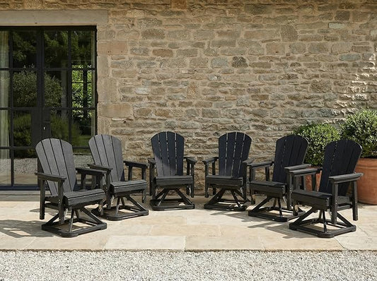 HDPE Swivel Glider Chair Outdoor, Weather Resistant Adirondack Outside Rocking Chair, Wooden Textured Outdoor Swivel Chair Set of 6 for Porch, Balcony, Poolside, Backyard (Black)