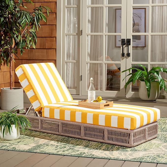 SAFAVIEH Outdoor Collection Gillian Heather Tan & Yellow Stripe Chaise Lounge Chair (Fully Assembled)