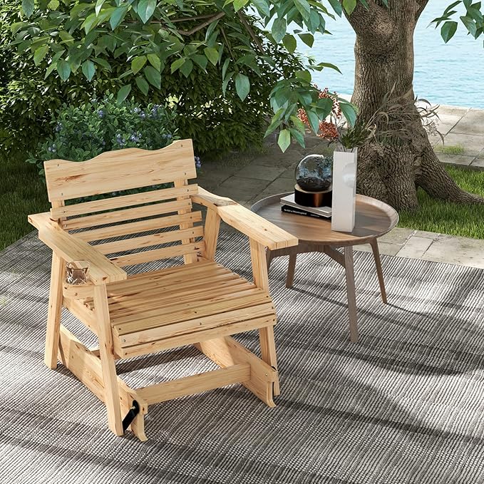 Tangkula Outdoor Fir Wood Glider Chair, Outdoor Swing Chair with Rotatable Hidden Cup Holder and Curved Seat - Photo 4