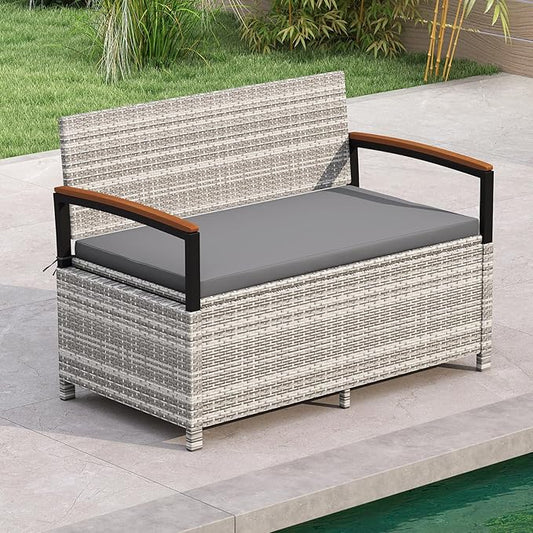 RELAX4LIFE Wicker Outdoor Storage Bench, Rattan Deck Box w/Protective Liner for Patio Furniture Pillows & Garden Tools, Porch Loveseat with Seat Cushion, Acacia Wood Armrests (Grey)