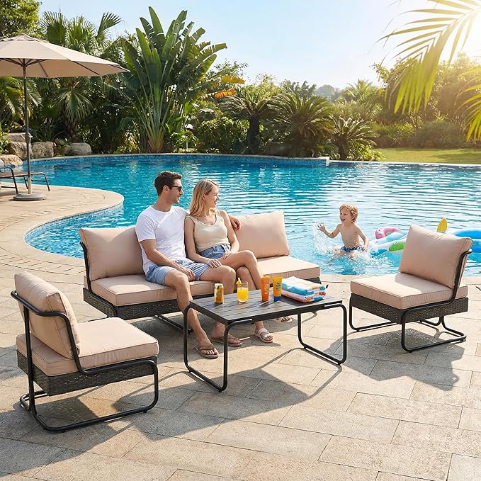 4 Piece Patio Furniture Set, Modern Patio Conversation Set for 5, All Weather Bistro Furniture Set, Metal Patio Sofas Outdoor Sectional with Coffee Table and Cushions for Lawn/Garden, Khaki