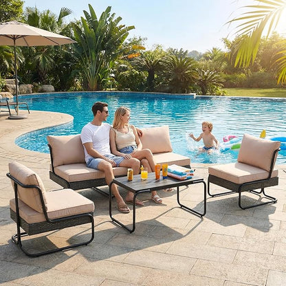 4 Piece Patio Furniture Set, Modern Patio Conversation Set for 5, All Weather Bistro Furniture Set, Metal Patio Sofas Outdoor Sectional with Coffee Table and Cushions for Lawn/Garden, Khaki