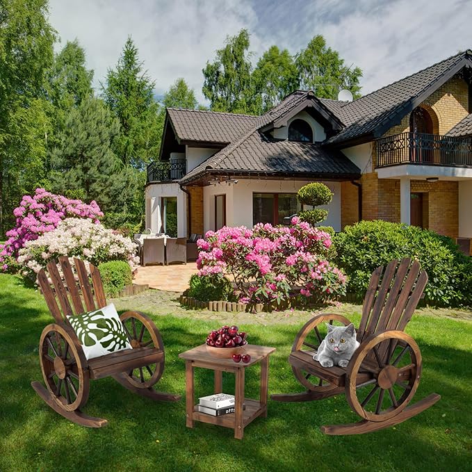 3 PCs Patio Rocking Chair Set, Outdoor Wooden Rocker Bistro Set with Coffee Table Wagon Wheel Rustic Chairs for Garden Country Yard