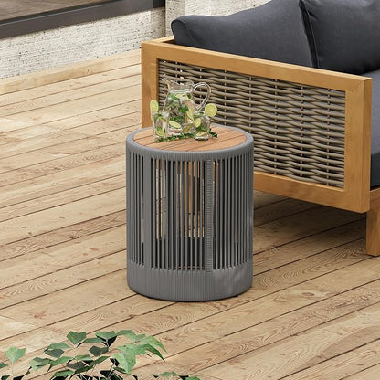15" Outdoor Rustic Side Table,Rattan Rope & Acacia Wood End Table with Round Top & Iron Frame, Easy Assembly, Versatile Weather-Resistant Patio Furniture for Garden, Yard, Balcony, Gray Teak