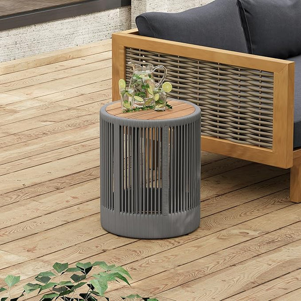 15" Outdoor Rustic Side Table, Rattan Rope & Acacia Wood End Table with Round Top & Iron Frame, Easy Assembly - Photo 1