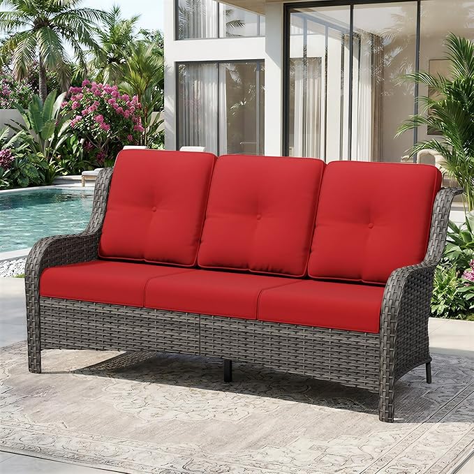 3 Seat Outdoor Couch, Wicker Patio Sofa with Thickened Olefin Cushions, High Back and Deep Seating - Photo 2