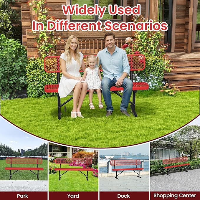 6ft Metal Park Bench with Backrest, Heavy-Duty Steel Outdoor Bench Weatherproof Playground Bench Seats, Commercial Garden Benches Red Dock Benches for Lawn, Park, Deck,Patio, Porch, Easy Installation