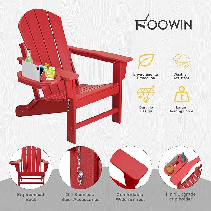 FOOWIN Folding Adirondack Chair Set of 2, HDPE Adirondack Chairs with Cup Holder - Photo 6