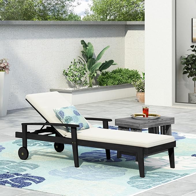 Christopher Knight Home Outdoor Chaise Lounge, Acacia Wood Adjustable Chaise Lounge, 5-Position Backrest Recliner, Soft Cushion Lounge, Flat Tanning Chair with wheel for Backyard, Balcony, Black White