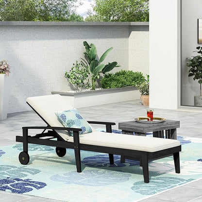 Christopher Knight Home Outdoor Chaise Lounge, Acacia Wood Adjustable Chaise Lounge, 5-Position Backrest Recliner, Soft Cushion Lounge, Flat Tanning Chair with wheel for Backyard, Balcony, Black White