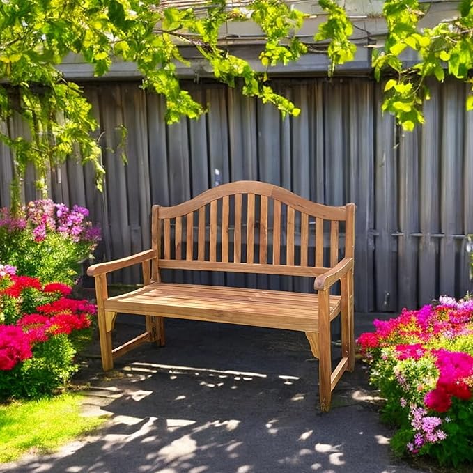 Patio Wise Foldable Acacia Wood Garden Bench, 4 Foot Indoor/Outdoor Wooden Porch, Patio, & Park Seating, Curved Backrest and Armrest, 48" Wide x 24-3/4" Deep x 41" High, Teak Color