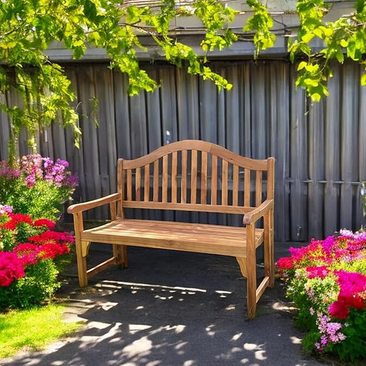 Patio Wise Foldable Acacia Wood Garden Bench, 4 Foot Indoor/Outdoor Wooden Porch, Patio, & Park Seating, Curved Backrest and Armrest, 48" Wide x 24-3/4" Deep x 41" High, Teak Color