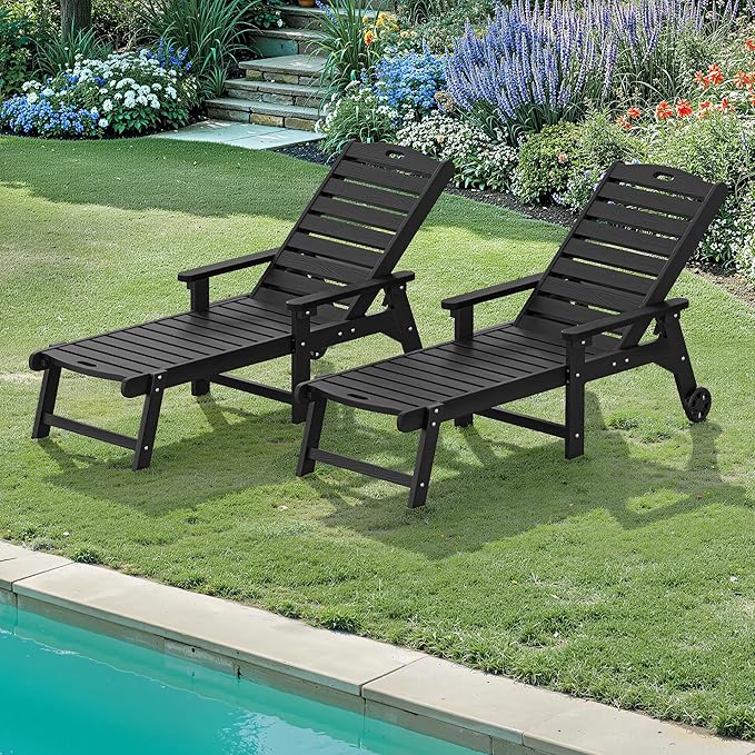 LUE BONA Lounge Chair Outdoor Set of 2, HDPS Chaise Lounge Outdoor with Wheels, 5 Positions Adjustable Pool Lounger Chairs for Outside, Patio, Deck, Black