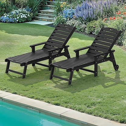 LUE BONA Lounge Chair Outdoor Set of 2, HDPS Chaise Lounge Outdoor with Wheels, 5 Positions Adjustable Pool Lounger Chairs for Outside, Patio, Deck, Black
