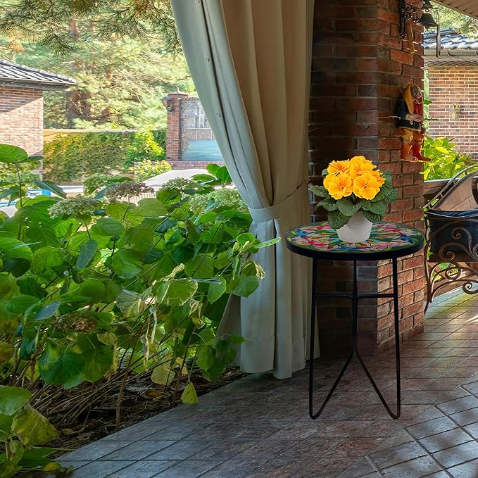 Mosaic Bird Outdoor Side Tea Table, Glass Plant Tables Indoor Decorative Metal Patio Table, Valentine's Day Outdoor Tables Unique Furniture - Weather-Resistant Patio Valentine's Day Decor