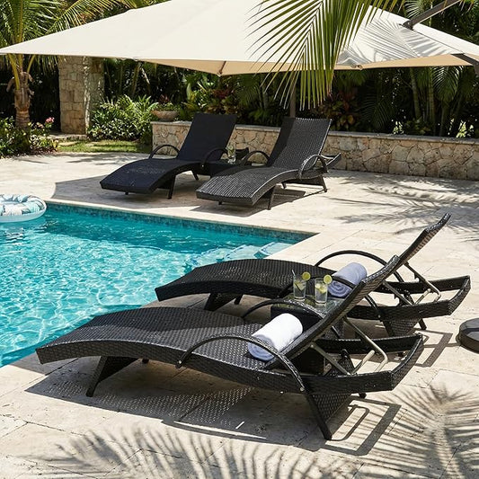 OVENTA Outdoor Wicker Patio Chaise Lounge Chair Set of 4, Black Rattan Pool Furniture Lounger for Outside Poolside Lounges, Jumbo Co Chaise Lounge Chairs, Wicker Patio Pool Furniture