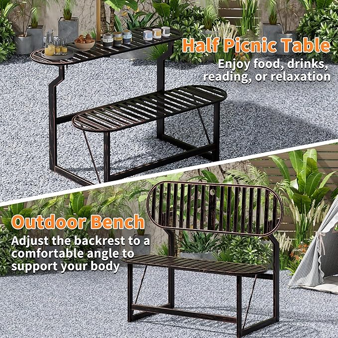 Convertible Bench, 2 in 1 Carbon Steel Picnic Table, Transforming Interchangeable Outdoor Table with Umbrella Hole, for Outside Patio Porch Backyard Park Garden 1 Pack Retro Brown Bench
