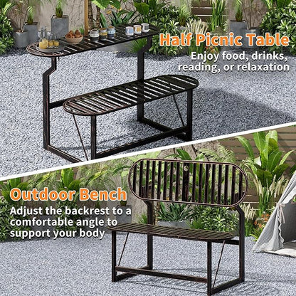 Convertible Bench, 2 in 1 Carbon Steel Picnic Table, Transforming Interchangeable Outdoor Table with Umbrella Hole, for Outside Patio Porch Backyard Park Garden 1 Pack Retro Brown Bench