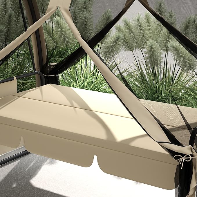 Outsunny 3-Seat Patio Swing Chair, Porch Swing Bed with Convertible Backrest, Cushion, Canopy - Photo 8