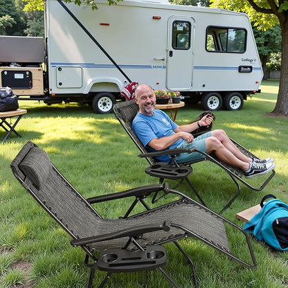 Greesum Zero Gravity Chairs Set of 2 Adjustable Steel Mesh Recliners Beach Deck Lawn Camping Patio Foldable Lounge Chair with Cup Holder Trays and Pillows,Double-Gray