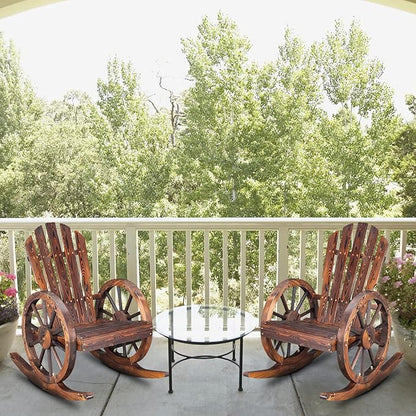 Outvita Adirondack Rocking Chair, Wood Wagon Rocker, Outdoor Wooden Carbonized Lounge Chairs with Wheel Armrest for Garden Patio Country Yard Porch, Fir