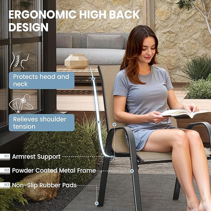 Patio Dining Chair Set of 6, Outdoor Stackable Dining Chairs High Back for All Weather, Patio Furniture for Backyard, Porch, Garden, Pool Deck (Brown)