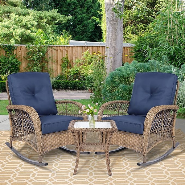 3 Pieces Outdoor Patio Bistro Rocking Chair Set, Rattan Patio Rocker Chairs Set with Cushions and Glass-Top Coffee Table - Photo 1