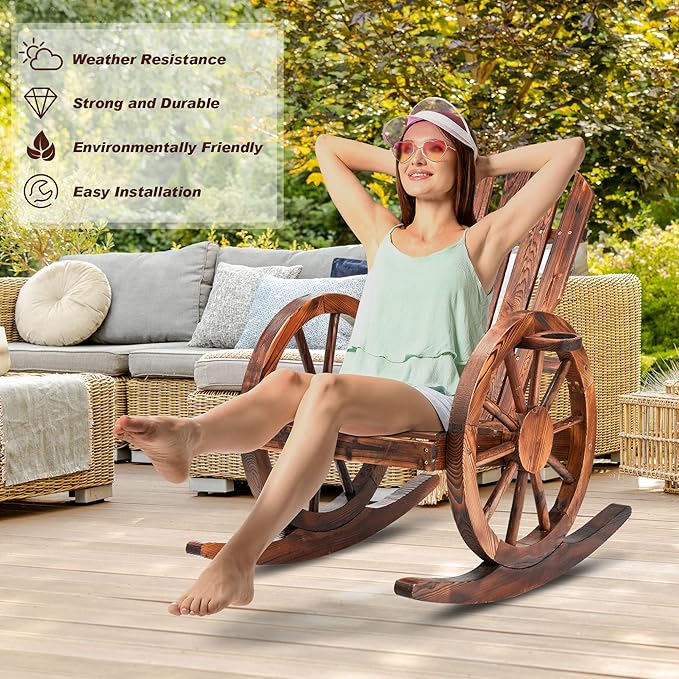 Spurgehom Outdoor Wood Rocking Chair, Patio Decor Yard Glider Rocking Chairs with Slatted Design, Adirondack Rocking Chair for Porch Lawn Garden Balcony Poolside, Brown