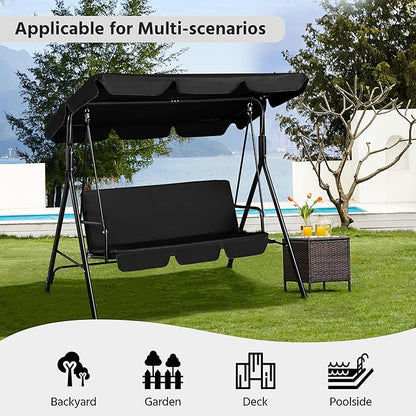 Yaheetech 3-Seat Patio Swing Chair, Outdoor Canopy Porch with Adjustable Canopy & Removable Cushion, Hanging Glider Lounge Chair for Patio, Garden, Yard, Porch - Black