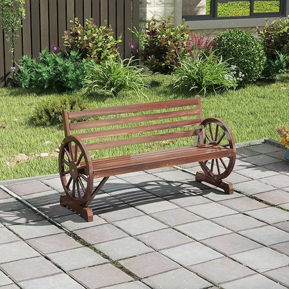 MOTION Outdoor Wagon Wheel Bench - 55 Inches Wooden Garden Bench with Slatted Backrest and Carbonized Finish, 2-Person Seat Outdoor Bench for Garden Porch Yard Patio, Rustic Brown