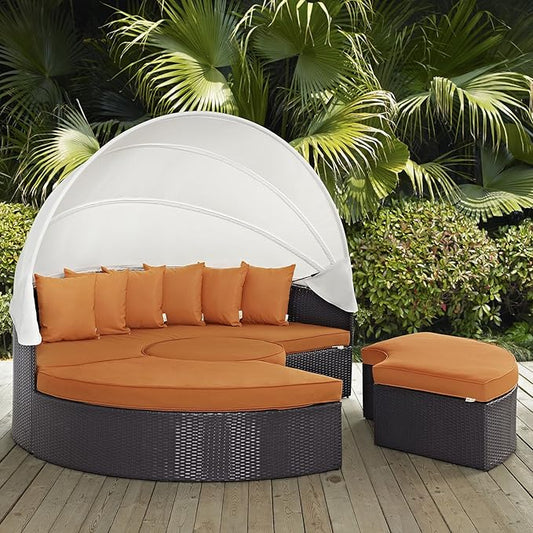 Modway Convene Wicker Rattan Outdoor Patio Retractable Canopy Round Poolside Sectional Sofa Daybed with Cushions in Espresso Orange