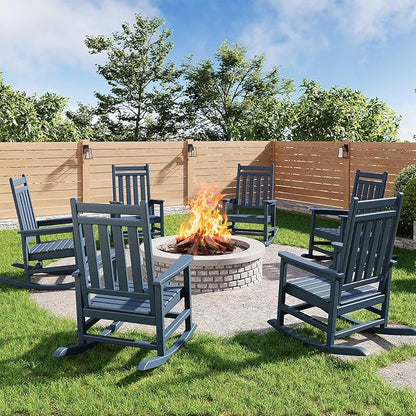 HDPE Rocking Chair Outdoor Set of 6 - Poly High Back Porch Rocker Chairs for Adults - All Weather Resistant Furniture for Patio Front Porch - Navy Blue