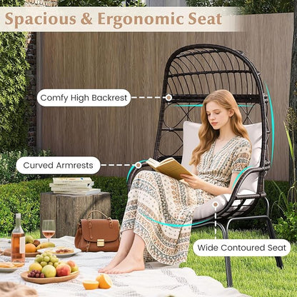 Tangkula Narrow Wicker Egg Chair Outdoor, Patio Rattan Lounge Basket with Seat & Back Cushions, Metal Indoor Outdoor Leisure Sofa Cocoon Chair for Bedroom, Backyard, Balcony, 400 lbs Max Load