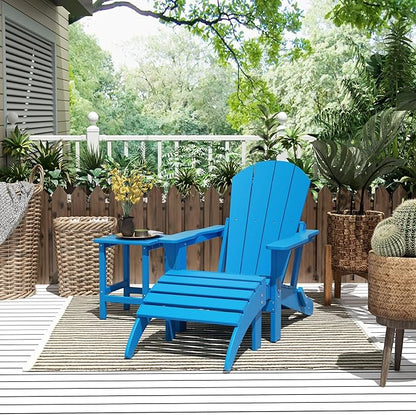 WestinTrends Malibu Outdoor Lounge Chairs, 3-Pieces Adirondack Chair Set with Ottoman and Side Table, All Weather Poly Lumber Patio Lawn Folding Chair for Outside Pool Garden Backyard, Pacific Blue