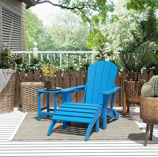 WestinTrends Malibu Outdoor Lounge Chairs, 3-Pieces Adirondack Chair Set with Ottoman and Side Table, All Weather Poly Lumber Patio Lawn Folding Chair for Outside Pool Garden Backyard, Pacific Blue